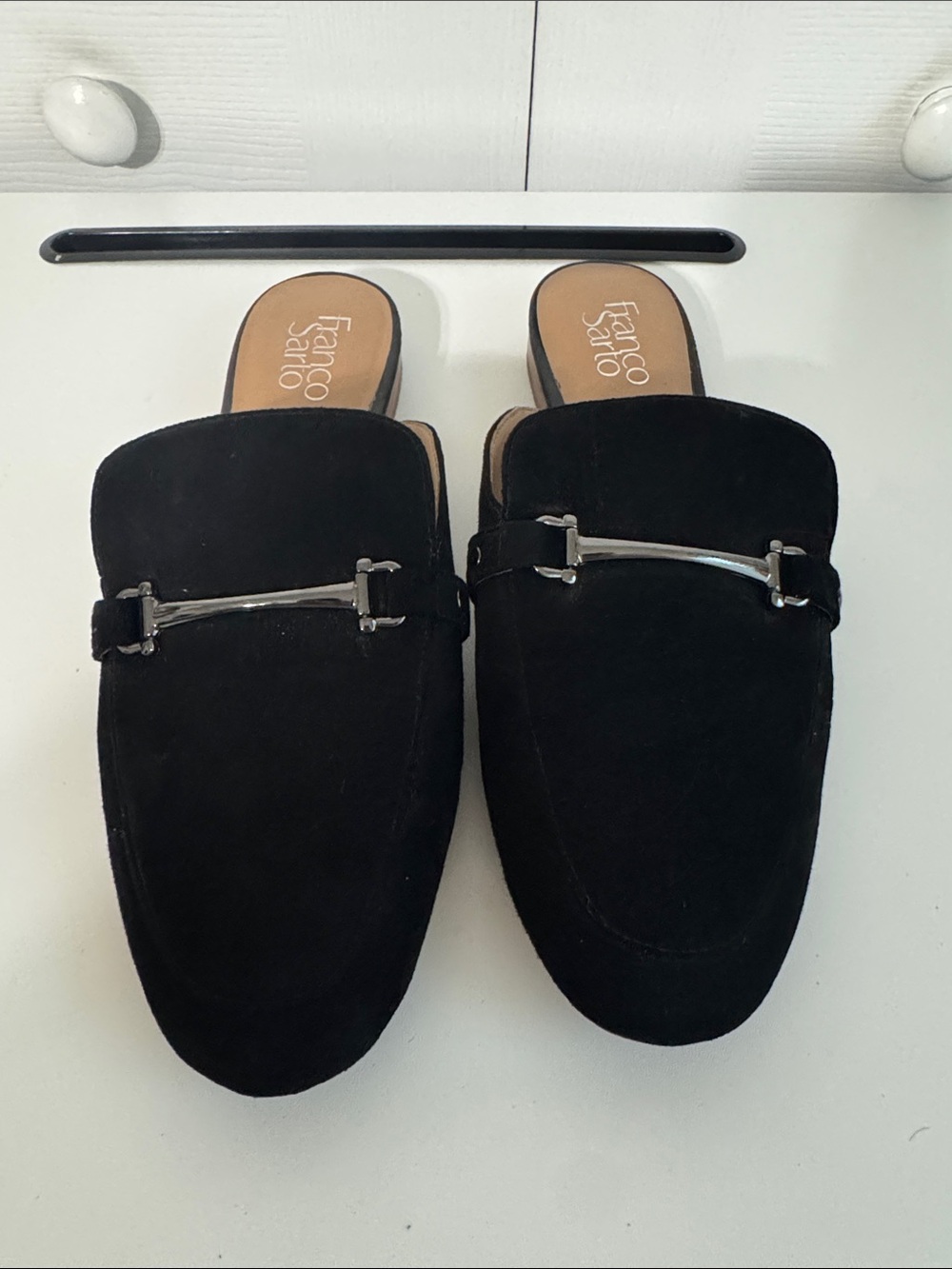 Franco Sarto Black Suede Slip-On Mules with Silver Bit